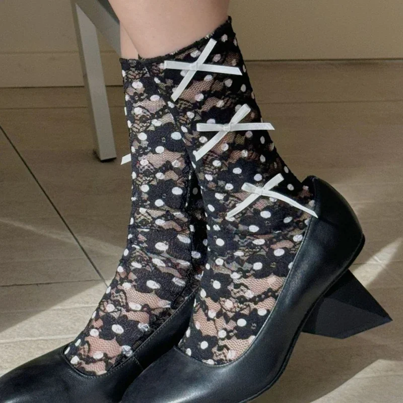 

Lace Anke Socks Fashion Dot Short Socks Street Style Women Bow Middle Tube Sock Girls Sweet Fishnet Thin