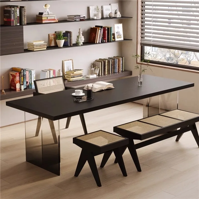 Gradient color acrylic solid wood computer desk, floating desk, wabi-sabi style, black minimalist office desk