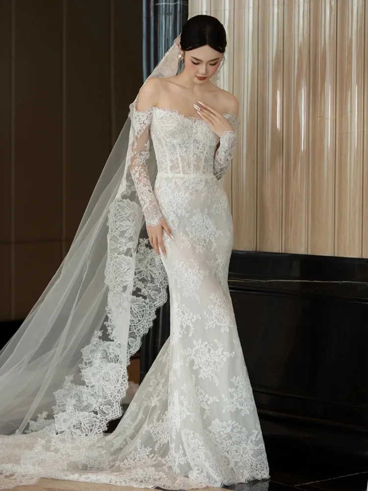 

Новое свадебное платье Ele Long Sleeve Lace 2026 в стиле ретро для выездной церемонии, вечернее платье с хвостом русалки, осеннее