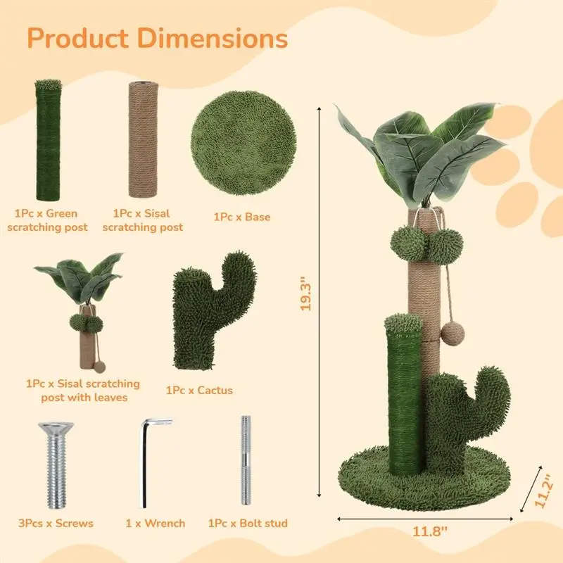 Cat Scratching Post Cat Tree With Dangling Toy Cactus Scratcher Cat Scratching Post Artificial Leaves Plush Sisal Scratch Pole