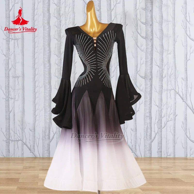 

Платье для бальных танцев с градиентным цветом и расклешенными рукавами, для взрослых женщин, для вальса, фокстрота, танго, на заказ