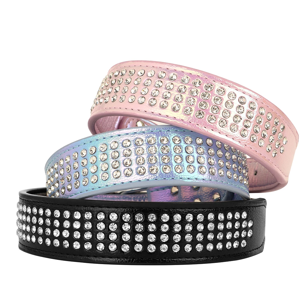 Bling Rhinestone Leather Dog Collar Glitter Crystal Studded Dog Collars Adjustable Medium Large Dogs Pitbull Collars Pet Items