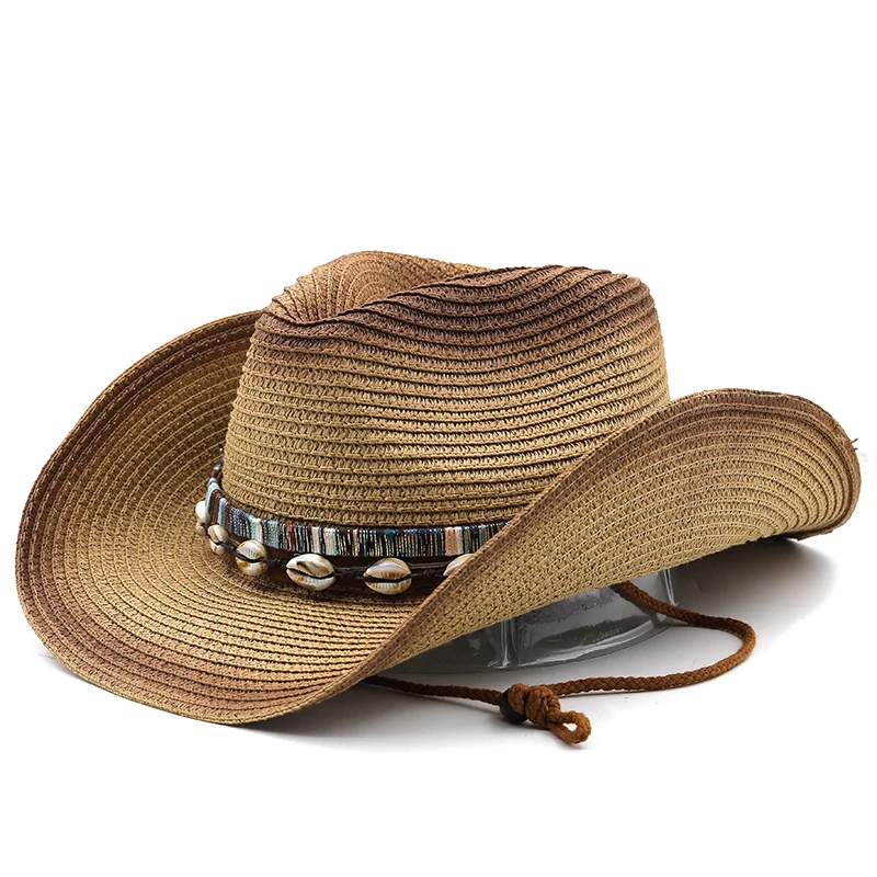 Cowboy Hat Men\'s Sun Hat Wide Brim Fedora Hat Belt Decorate Beach Straw Hat for Men UV Protection Cap Chapeau Femme