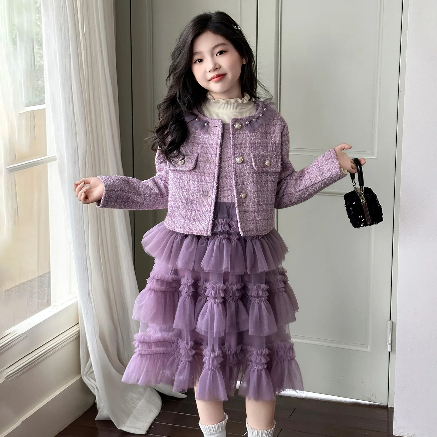 Dress Sets For Girls Purple Princess Party Outfits Long Sleeve Jacket Sleeveless Tiered Tulle Gown Ruffle 2 Piece 6 To 12 Years