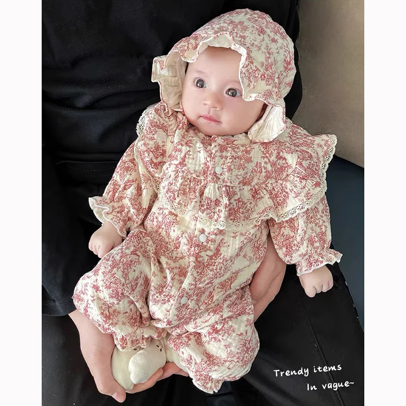 الوليد الطفل بنات بذلة قطعة واحدة الزي الرضع طفل الفتيات رومبير + قبعة قميص قطني بكم طويل الطباعة ربيع الخريف ملابس الطفل