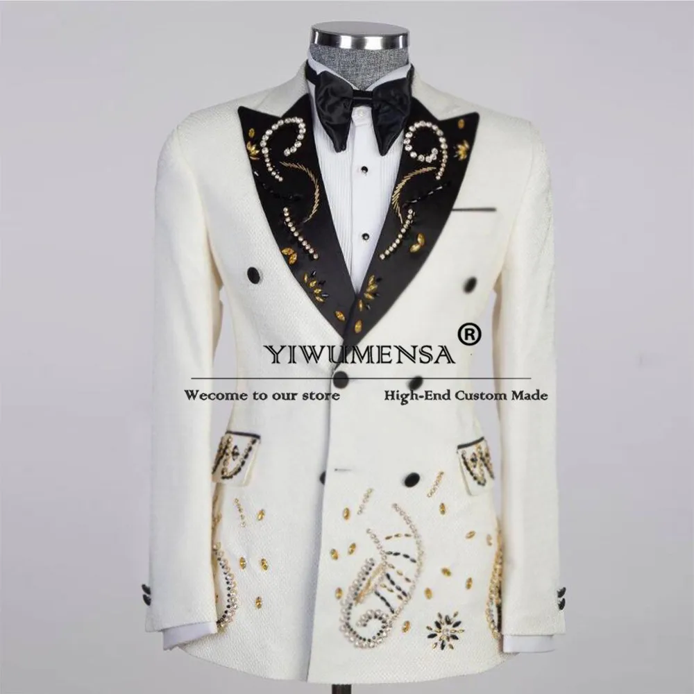 Exquisited Jewelry Ornaments Tuxedo Black Peaked Lapel Doubel Breasted Jacket Pants 2 Pieces Ivory Bridegroom Banquet Clothing