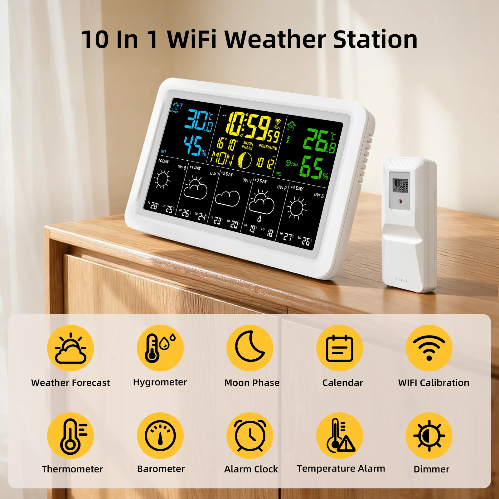 Умная метеостанция Tuya WiFi: измеритель температуры и влажности, калибровка времени, фазы Луны, атмосферное давление, часы-метеоролог