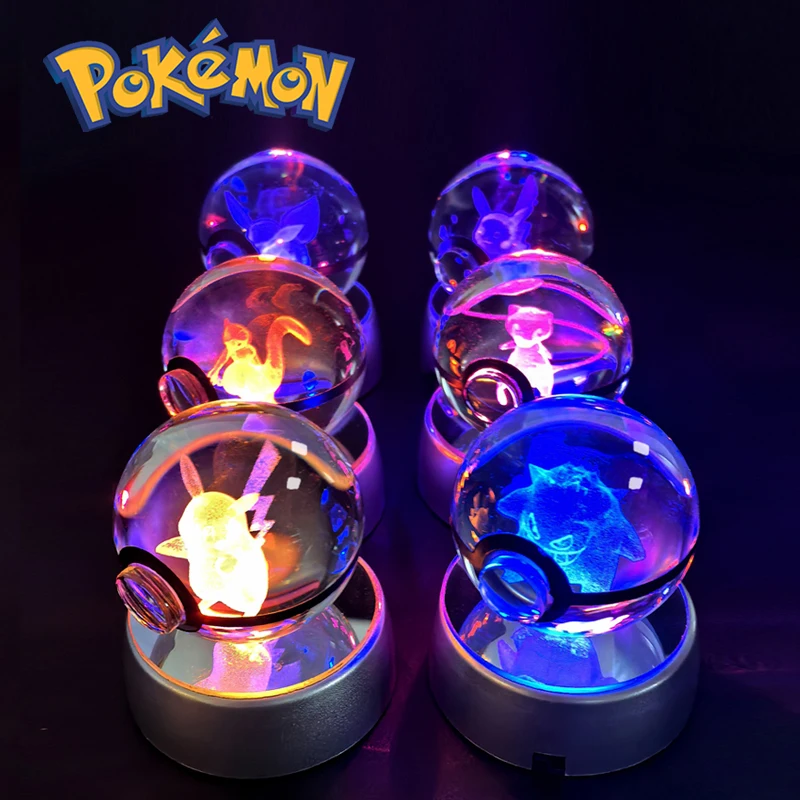 Bola de Cristal Pokémon 3D Mewtwo Pikachu Gengar, Lâmpada Noturna 3D Pokeball, Estátua de Vidro, Presente de Aniversário Pokémon