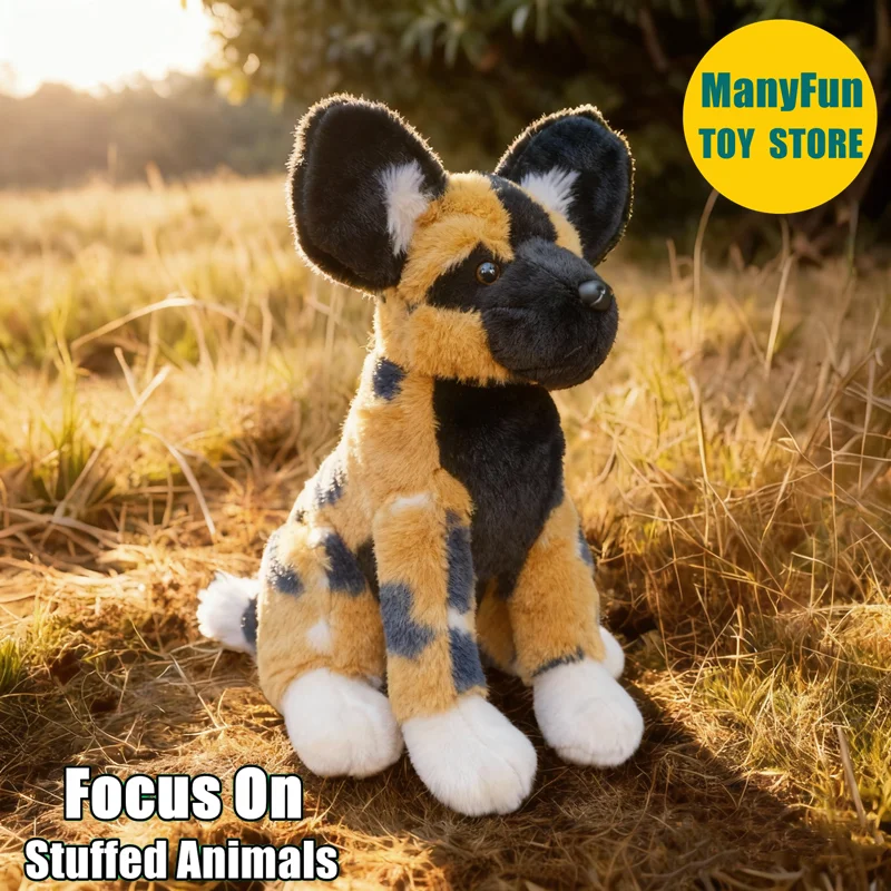 

African Wild Dog Plush Toy Realistic Lycaon pictus Plushie Lifelike African Painted Dog Stuffed Animal Hyena Simulation Doll Toy