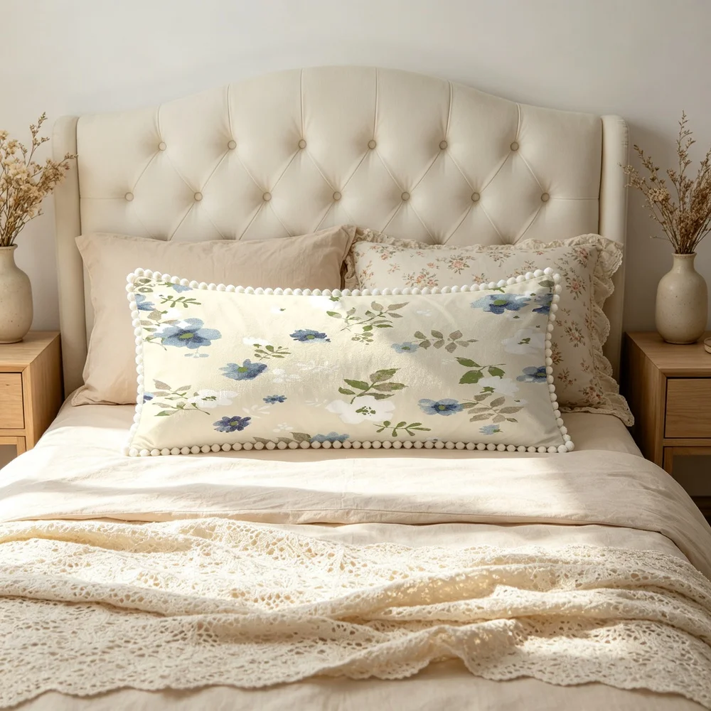 1PC Cream Background with Blue White Large Flowers and Green Leaves, Watercolor Fresh Vintage Floral Long Pillow Cover with Po