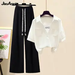 Women's Summer New Casual Matching Set 2024 Korean Chic Loose Fake Two Piece Short Sleeve Shirt+Wide Leg Pants Two Piece Suit