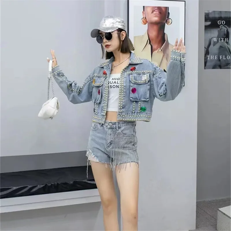 Perlen Diamanten Große Tasche Denim Jacken Frauen Casual Cowboy Oberbekleidung Herbst Vintage Blau Lose Kurze Jeans Jacke Mantel Weibliche