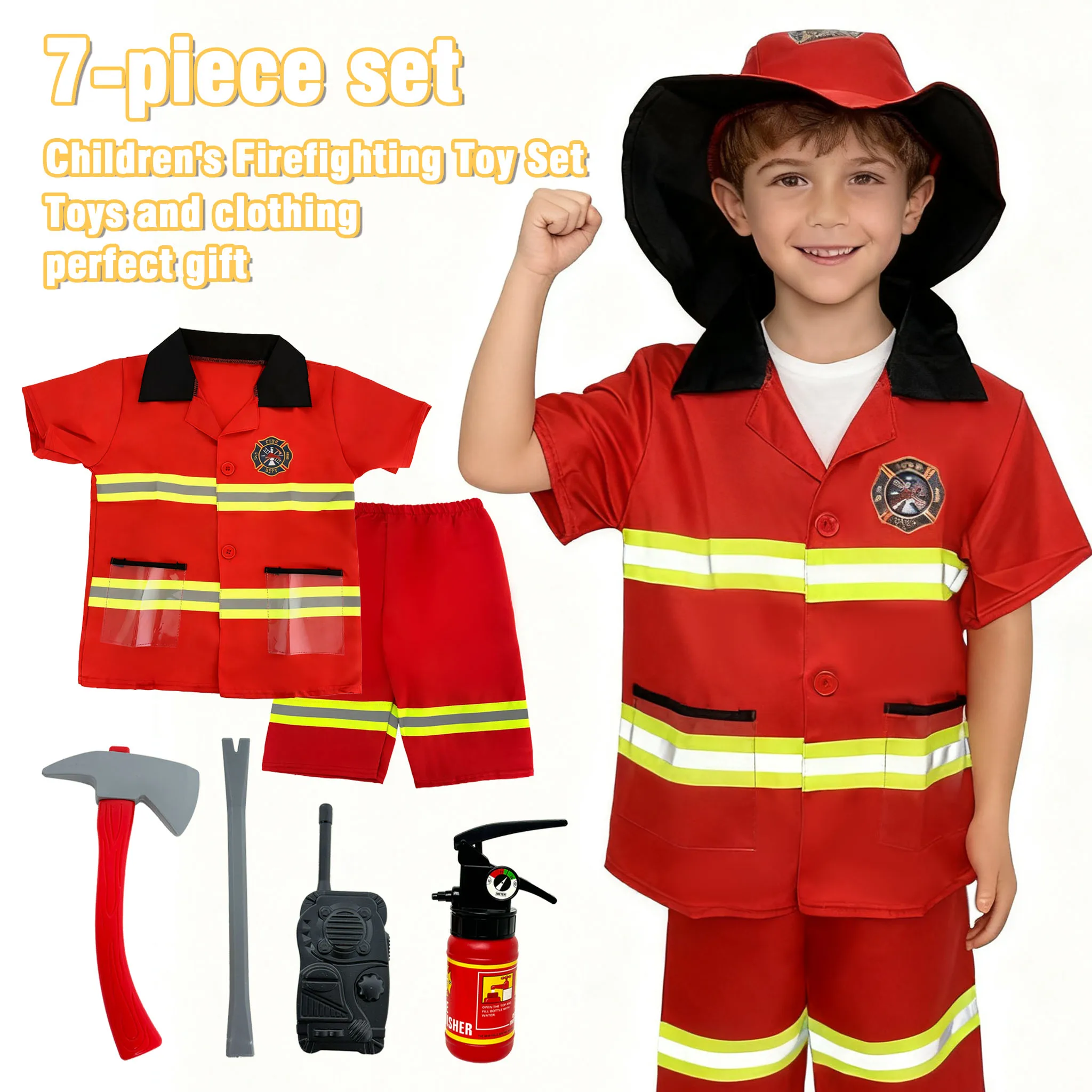 7ピース子供用消防救助おもちゃセット、ごっこ遊び消防士ツールおもちゃセット、ロールプレイングコスチューム、男の子のおもちゃ、ホリデーコスチューム、誕生日プレゼント、ホリデーギフト、クリスマスギフト、ハロウィンギフト