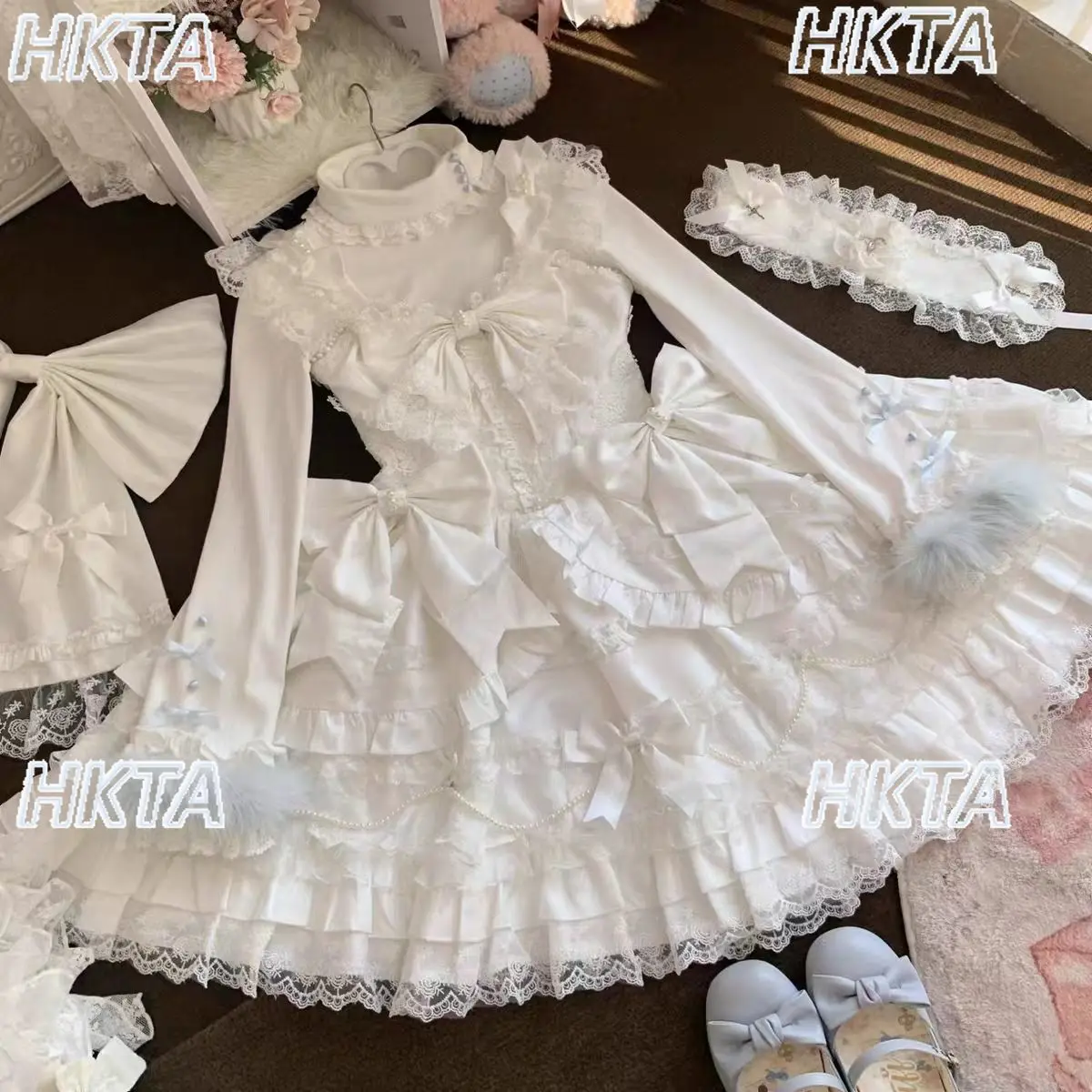 Słodka koronkowa bluzka z golfem, długim rękawem, jesienne nowości, dzianinowa koszulka, sweter, sweter Lolita, uniwersalny biały pulower, top, odzież wewnętrzna damska