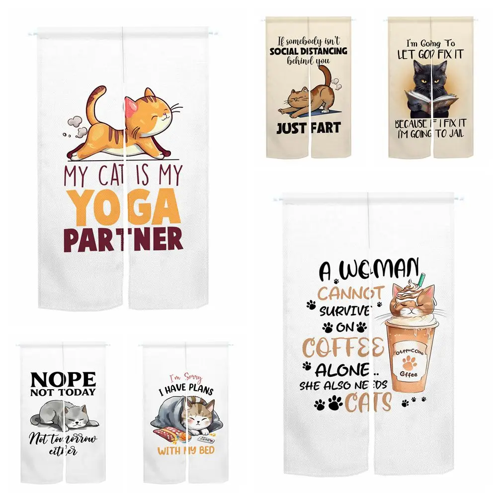 

Cute Funny Cat Japanese Door Curtain White Beige Bedroom Cafe Beverage Shop Entrance Decor Hanging Semi-split Doorway Curtains
