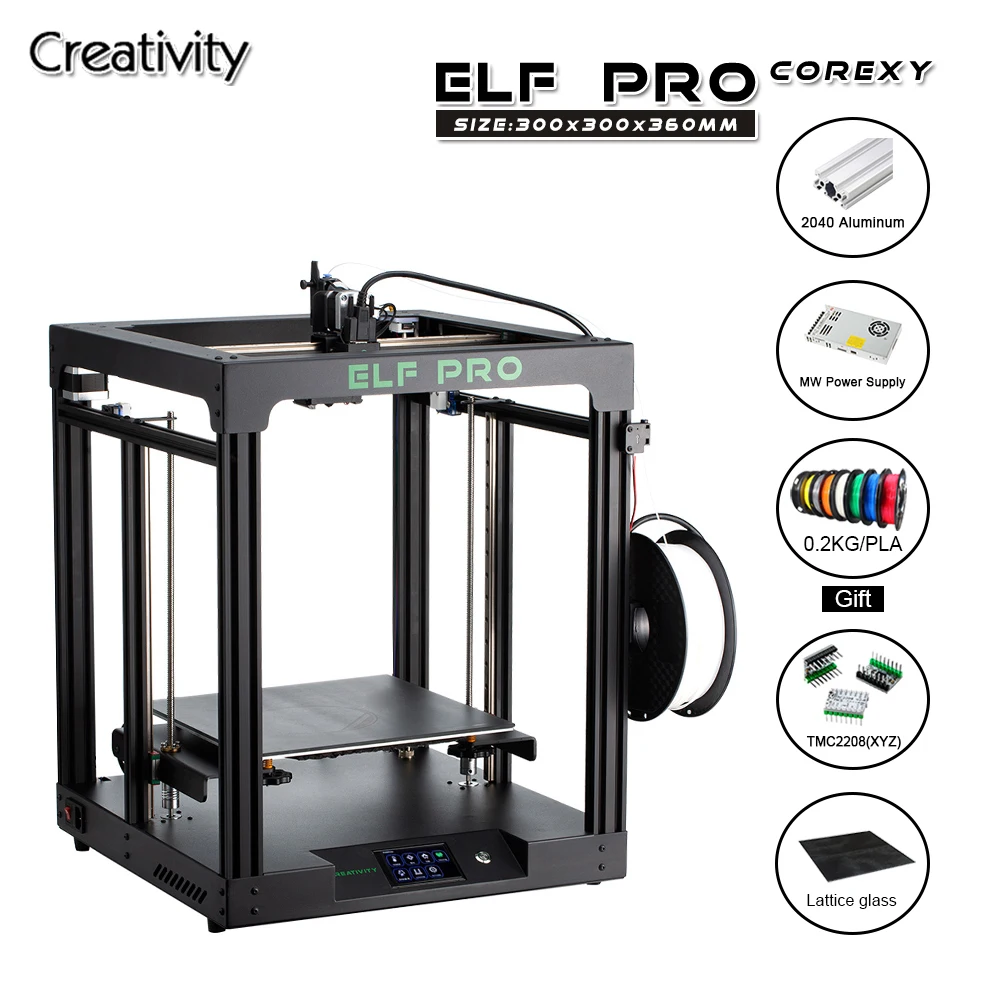 Impresora 3D creativa Corexy ELF Pro, Kit de marco estable con unidad silenciosa TMC2208, reanudar el apagado, placa de construcción Cmagnet