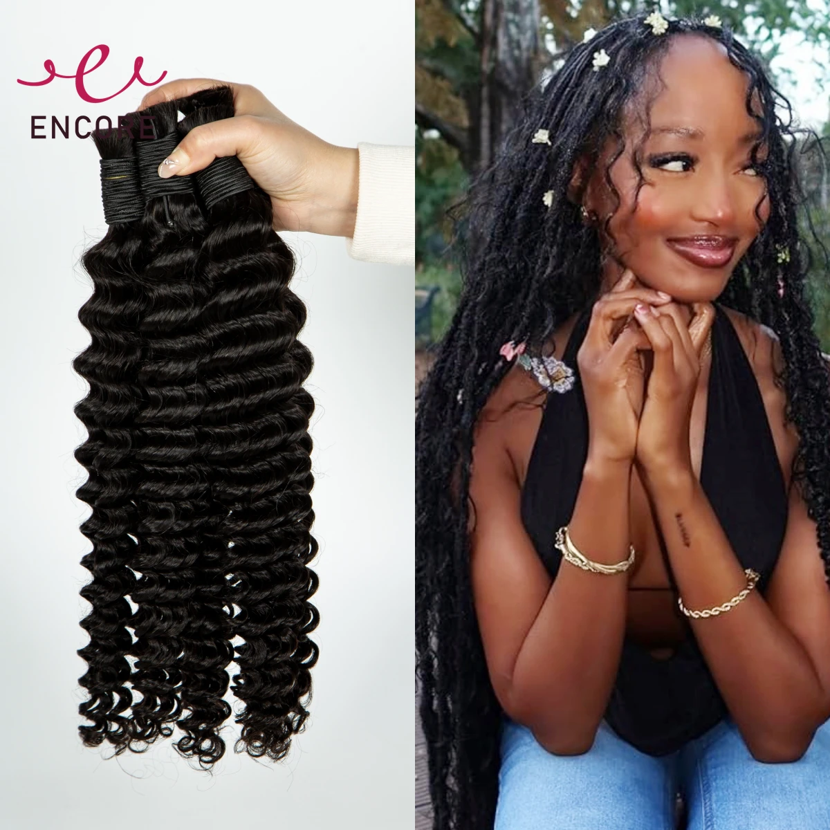 Natural 100% Human Hair Bulk 28 Inch Curly Hair Bulk for Boho Braideds Extensions 1 2 3 Bundles Deep Wave Hair Bulk for Braiding