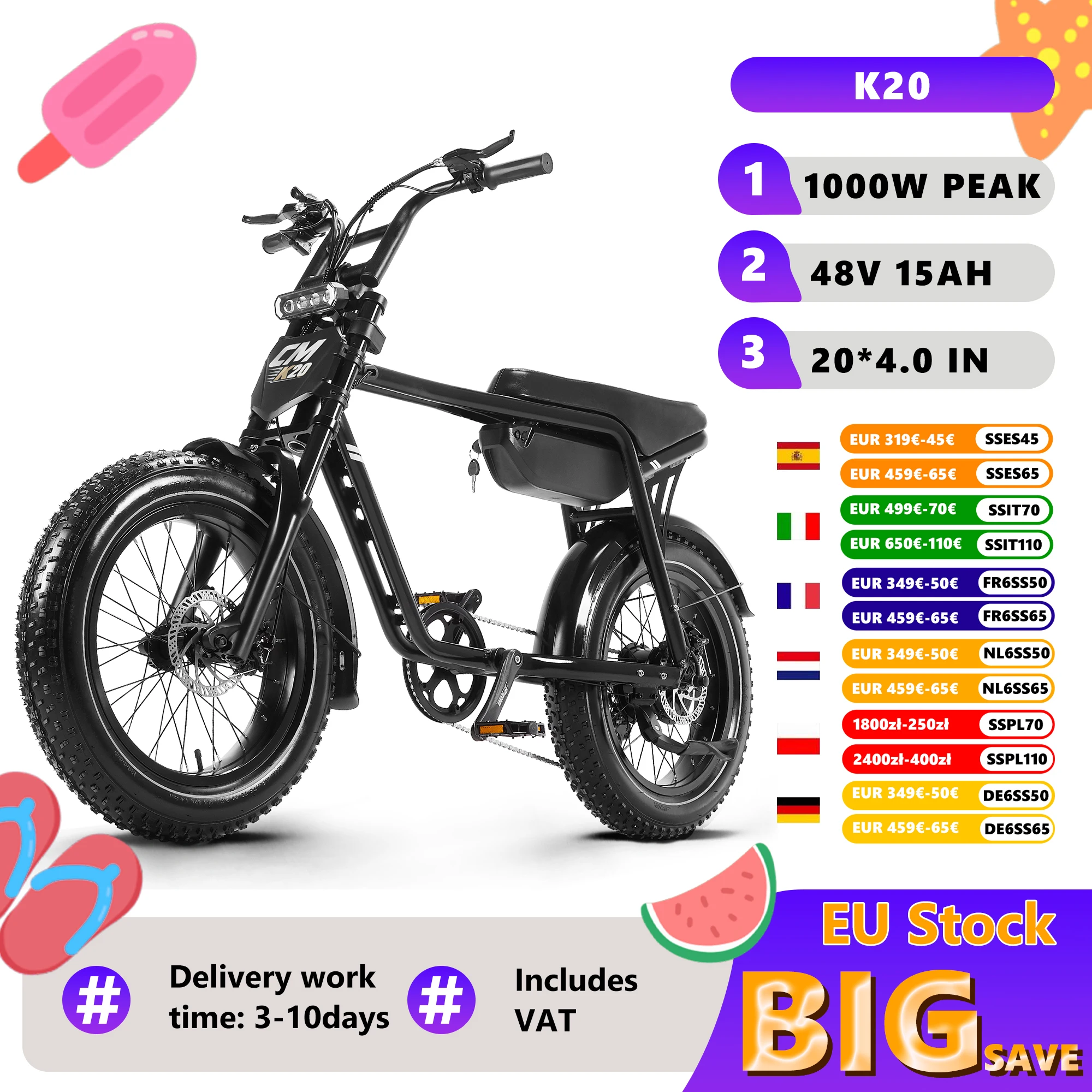 Vélo électrique CMACEWHEEL K20 eBIKE Peak 1000W, 48V15Ah, pneus larges, 20 pouces, VTT électrique pour adultes
