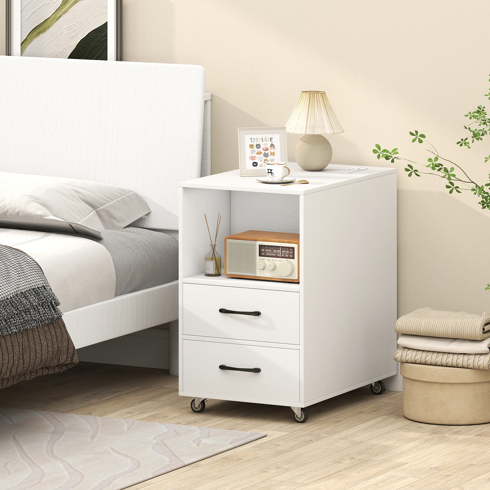 End Table w/ Built-in Charging Station USB Ports & Outlets 2 Drawers & 3 Shelves