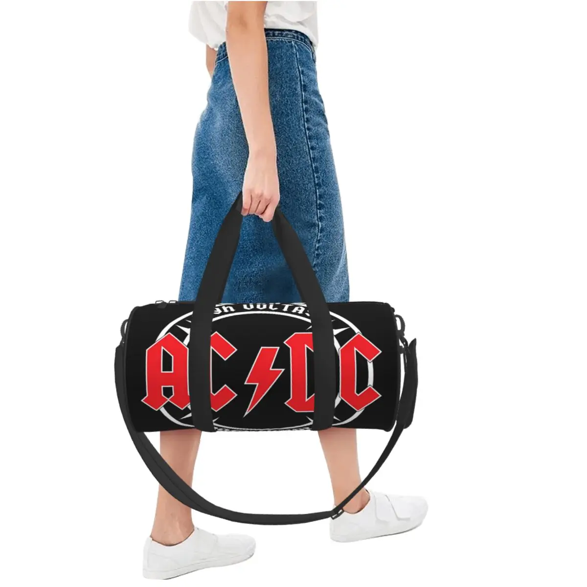 Men Travel Bag Hells Bells Gym Bag Large Vintage Ac Dc Rock Weekend Pattern Handbag Colorful Fashion Sports Bag