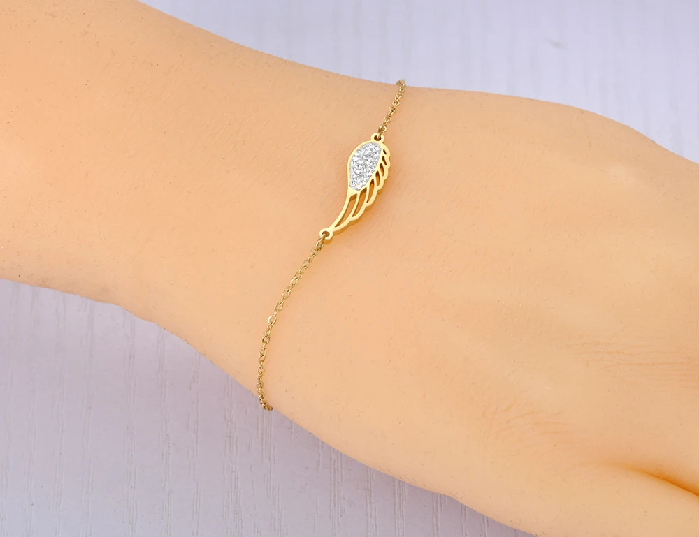 Lokaer Classic Angel\'s Wings Charm Bracelets For Women Girls Stainless Steel Rhinestone Luxury Jewelry Pulseras Mujer B23006