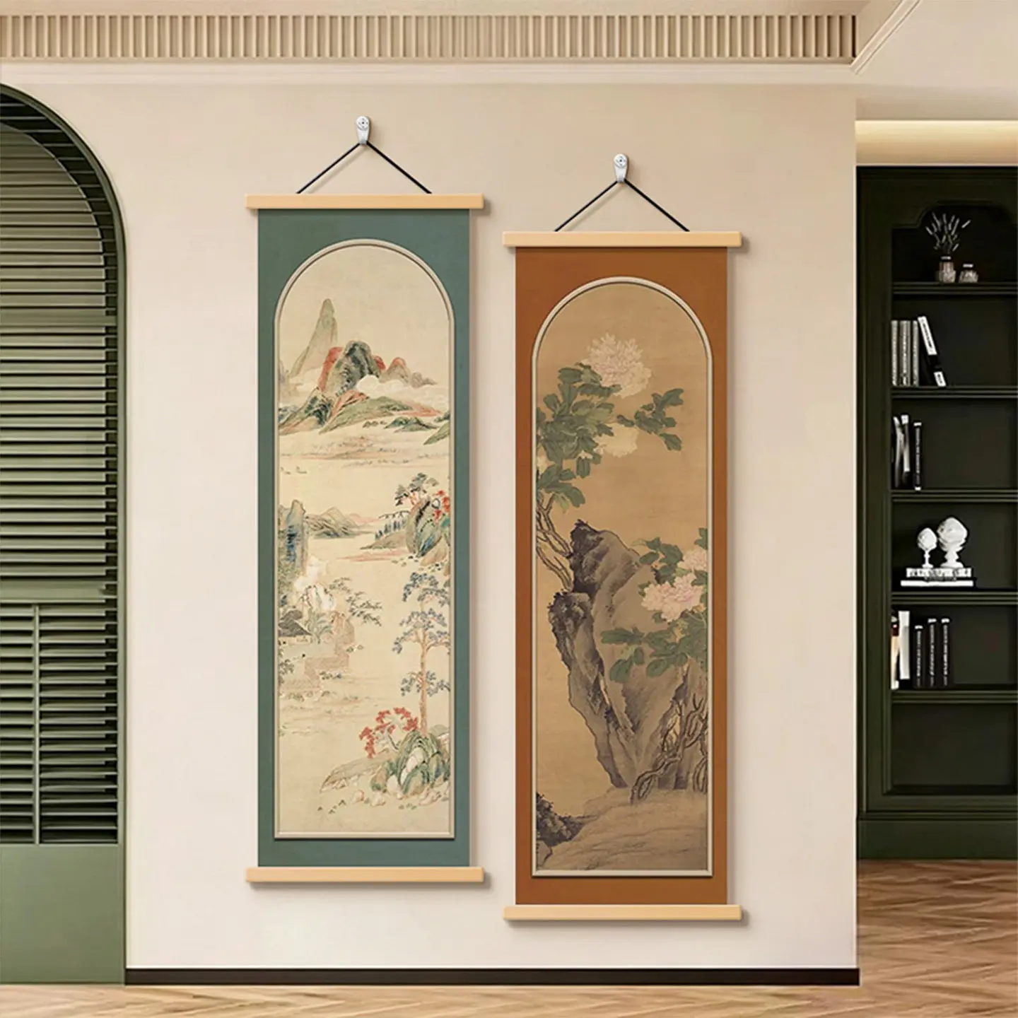 Wall Art Arched Window Botanical Motif Chinoiserie Pearlescent Canvas Hanging Scroll with Wooden Rods for Entryway Hallway