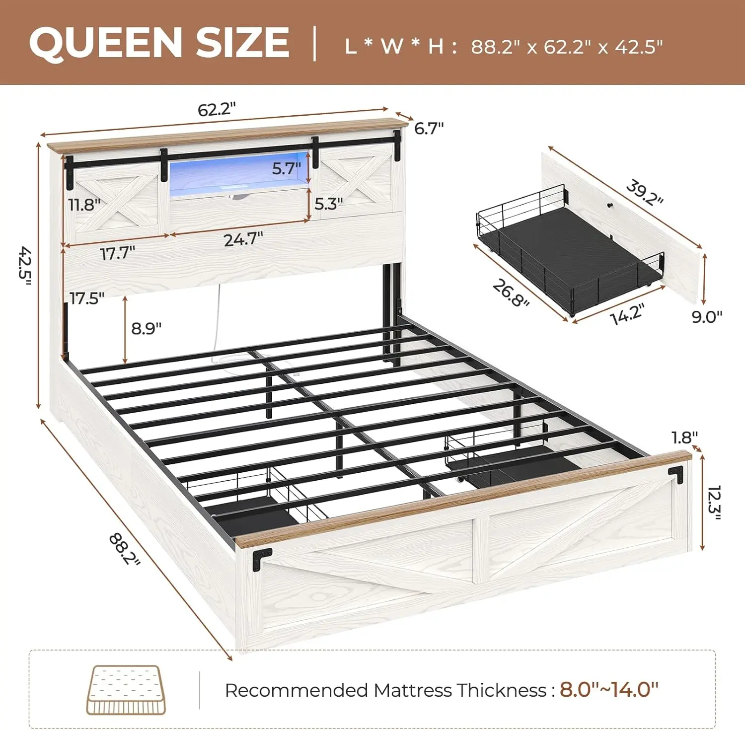 Farmhouse Bed Frame Queen Size with LED Lights and Charging Station, Wooden Queen Bed with 2 Storage Drawers, Rustic Headboard w