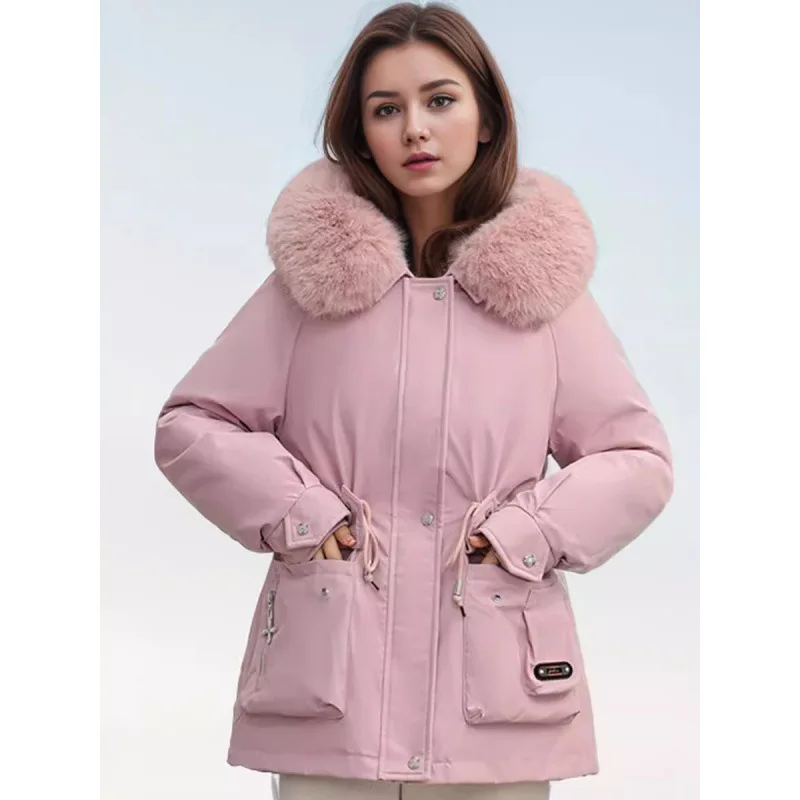 Pie Overcomes Women's Winter 2026 Fleece Thickened Waist Down Cotton Jacket Big Pocket Loose Tooling Cotton Jacket Tide