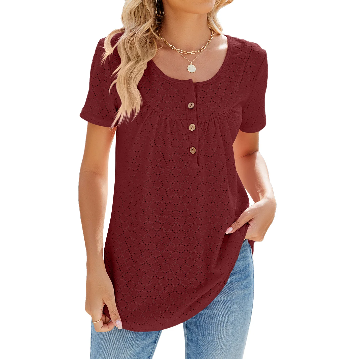 Loose short-sleeved T-shirt for women 2024 Summer new solid color round tie button short-sleeved top for women