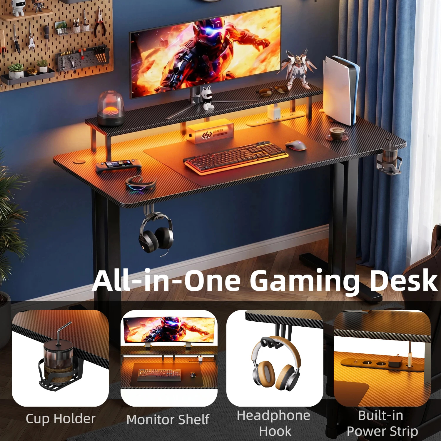 Ergonomischer Gaming-Schreibtisch mit Steckdosen, Tischplatte aus Kohlefaser mit Getränkehalter und Kopfhörerhaken, Gaming-Schreibtisch mit Monitorständer – Detail 2