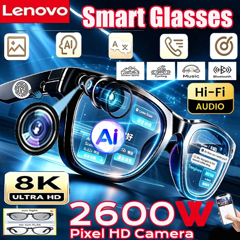 Lenovo 8KPhoto Capture 2600MP AI Smart Sunglasses Translator Bluetooth Call Video Record MusicPlay Travel Latest Eyewear Glasses