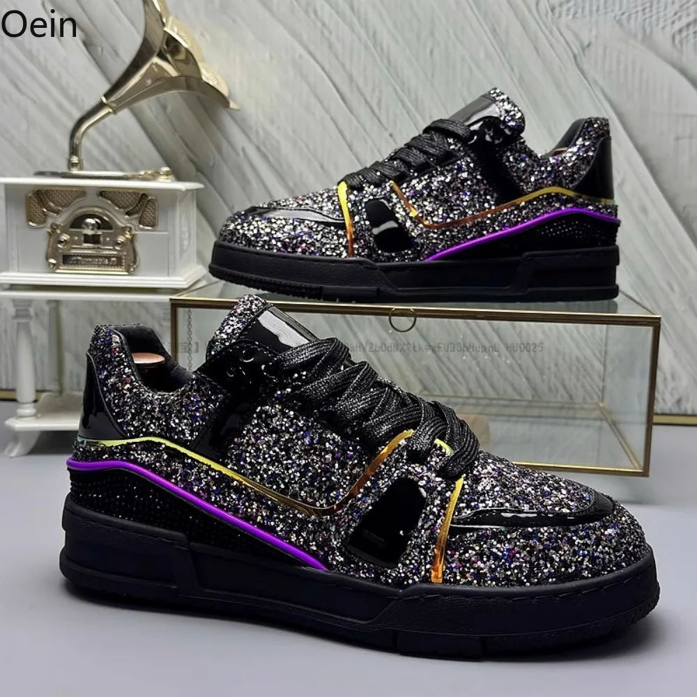 Mens Rainbow Sequins Bling Sneakers Lace Up Flats Skateboard Shoes Boys Hidden Heel New 2025