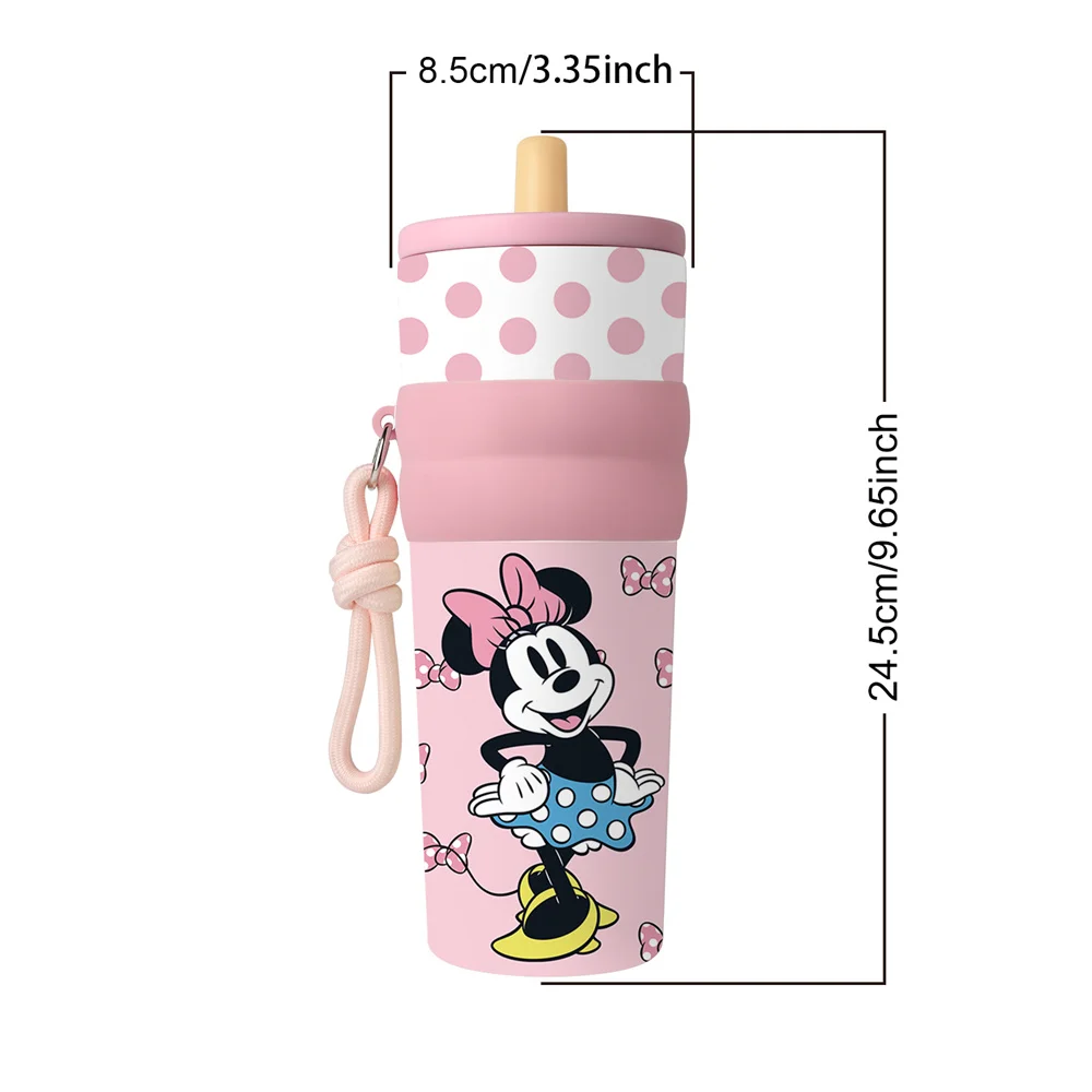 1pc 25oz Disney Minnie Mouse Stainless Steel Tumbler Insulated Travel Mug with Straw Hanging Rope Portable Cup for Car Outdoor