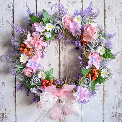 Yannew Spring Vivid Artificial Flowers Wreaths for Front Door with Bow Tie Lemon Rose Floral Wreath for Wall Window Home Décor