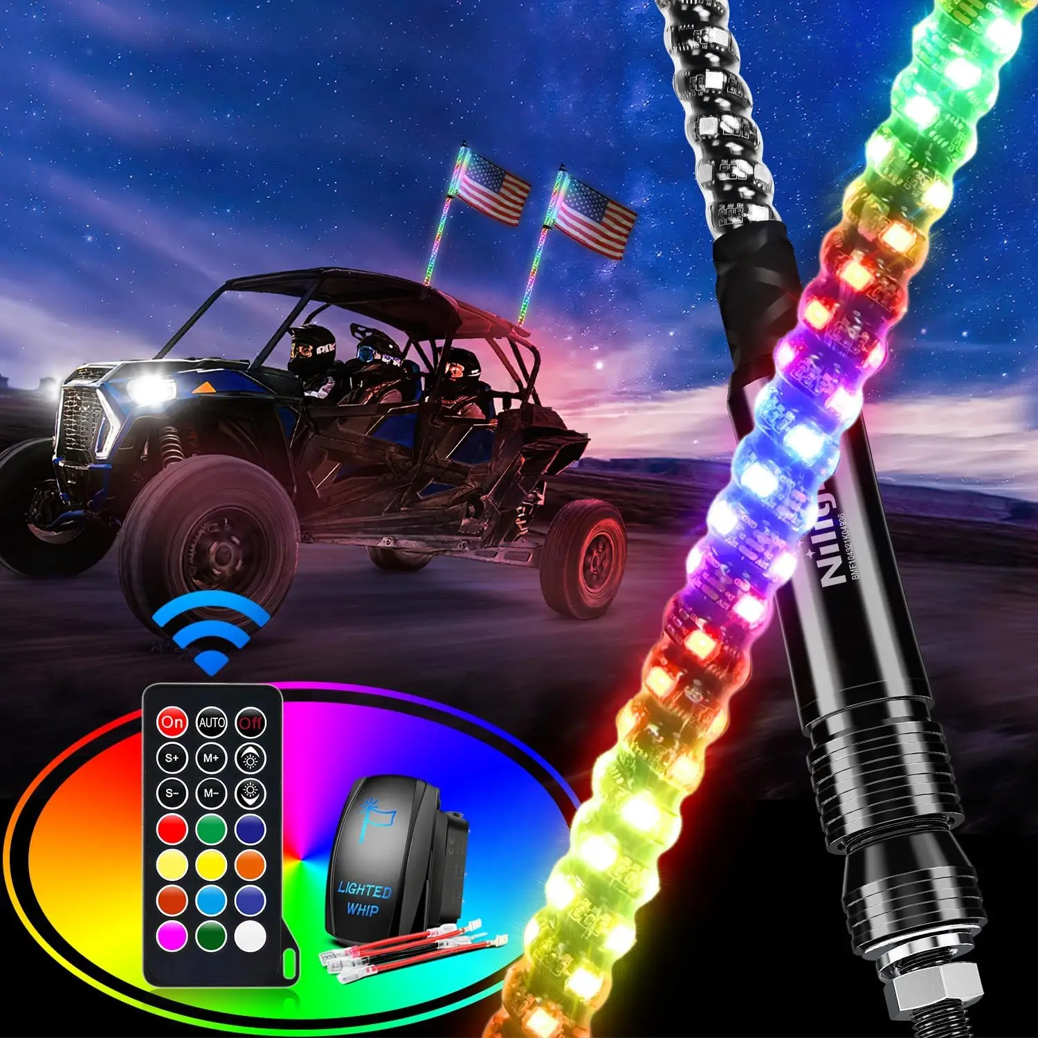 Nilight 2PCS 2FT RGB LED Whip Lights, Spiral Chasing Dancing Lighted Antenna, RF Remote Control for Can-Am ATV UTV RZR Polaris Dune Buggy Truck