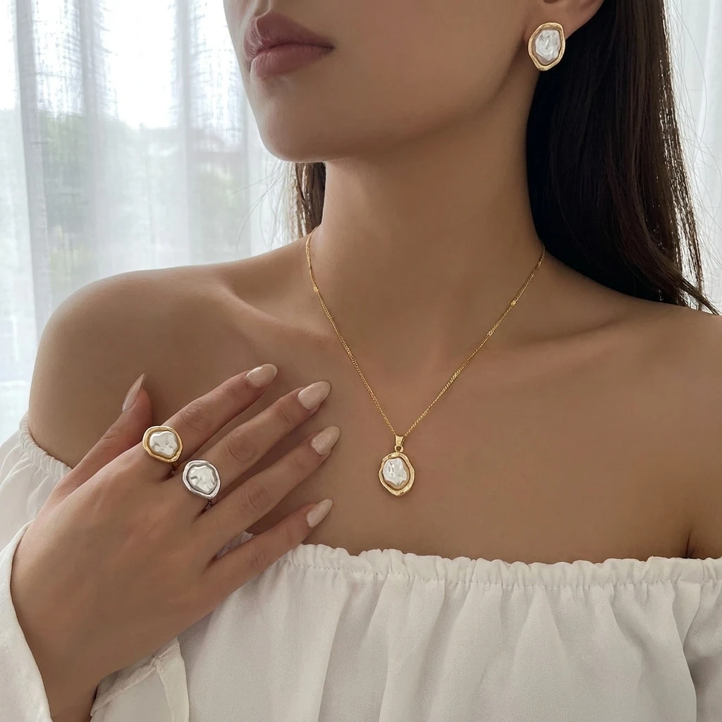 Vintage Schmuckset mit unregelmäßigen Barock-Imitationsperlen für Damen, vergoldete Ohrringe, Ring, Anhänger, Halskette, Hochzeitsgeschenk – Detail 1