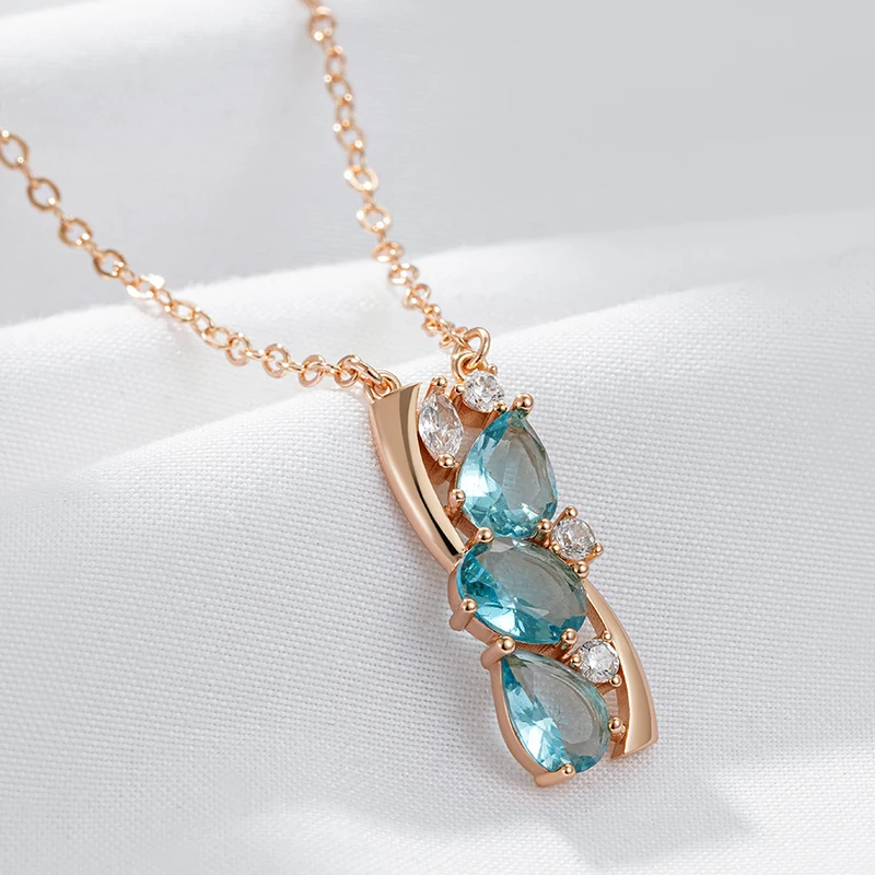 Wbmqda Fashion Blue Crystal Pendant And Necklace For Women 585 Rose Gold Color With White Natural Zircon Best Jewelry Gifts