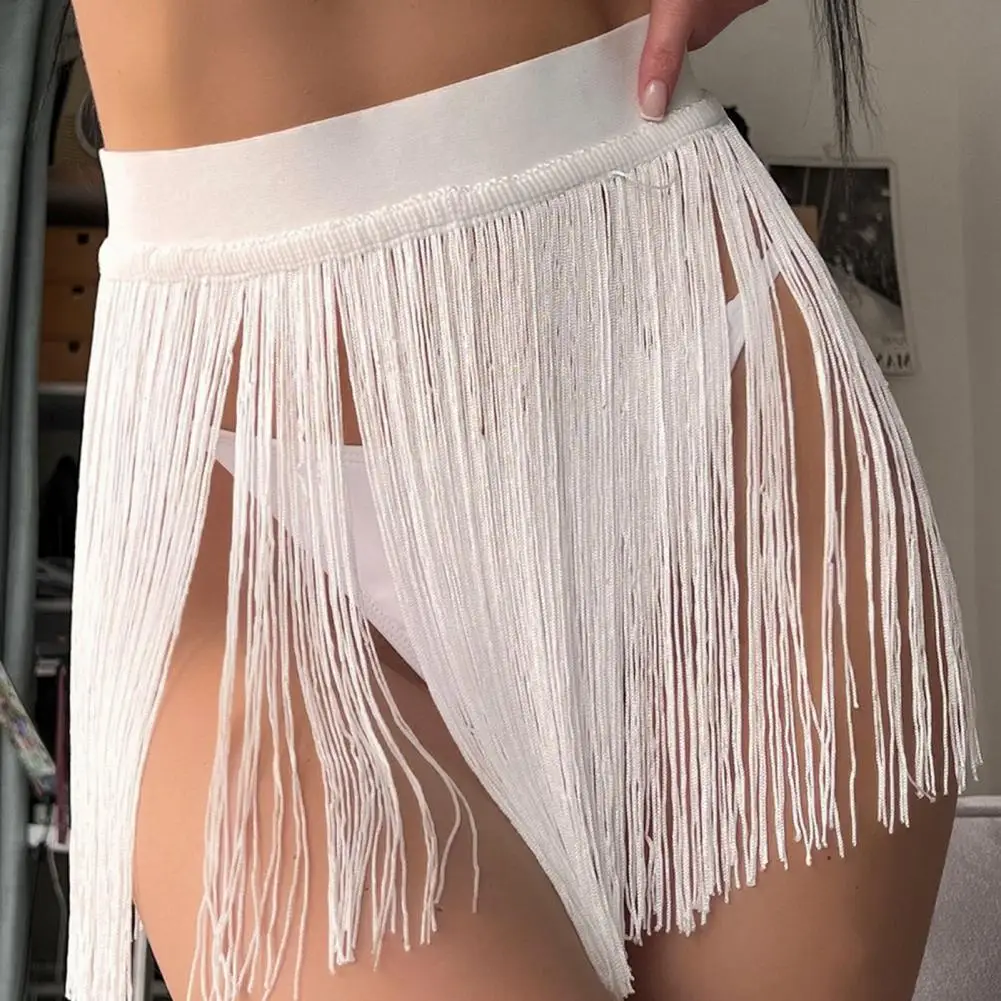 See-through Mini Skirt High Waist Tassels Skirt for Women Sexy Solid Color Fringe Mini Skirt for Summer Parties Clubwear Costume