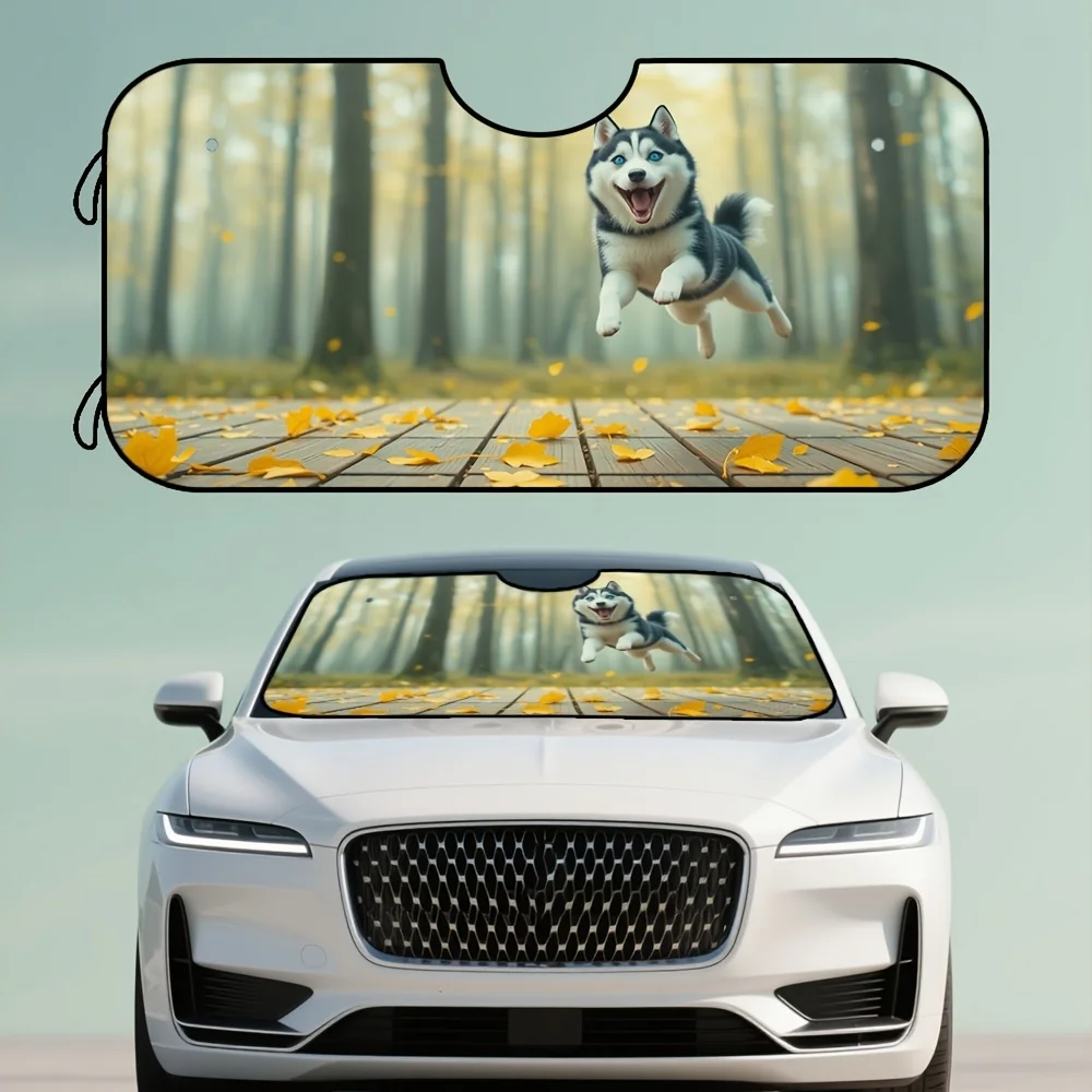 

1pc Autumn Husky Dog Art Print Car Sunshade - Foldable Windshield Cover With Vibrant Fall Scene Design, Durable Polyester For Th