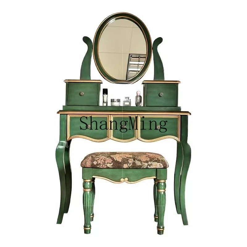 

ZYY solid wood dresser combination exquisite gold-painted retro green drawer storage with mirror small apartment storage