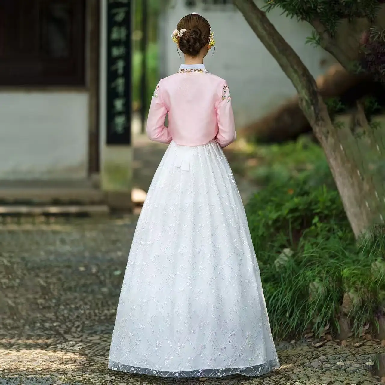 Elegant Hanbok Women's Traditional Korean Clothing Pink Tops White Skirt 2Pieces Set Halloween Party Cosplay Costume Stage Suits