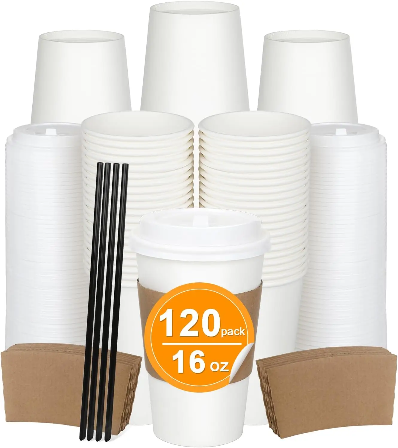 

120 Pack 16 oz Paper Coffee Cups Set, Disposable White Coffee Cups with Lids, Sleeves and Stirring Sticks, Fit For Cold