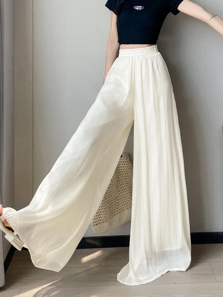 Thin style and lightweight ice silk skirt pants women in summer new stretch high waist loose wide leg floor length pants