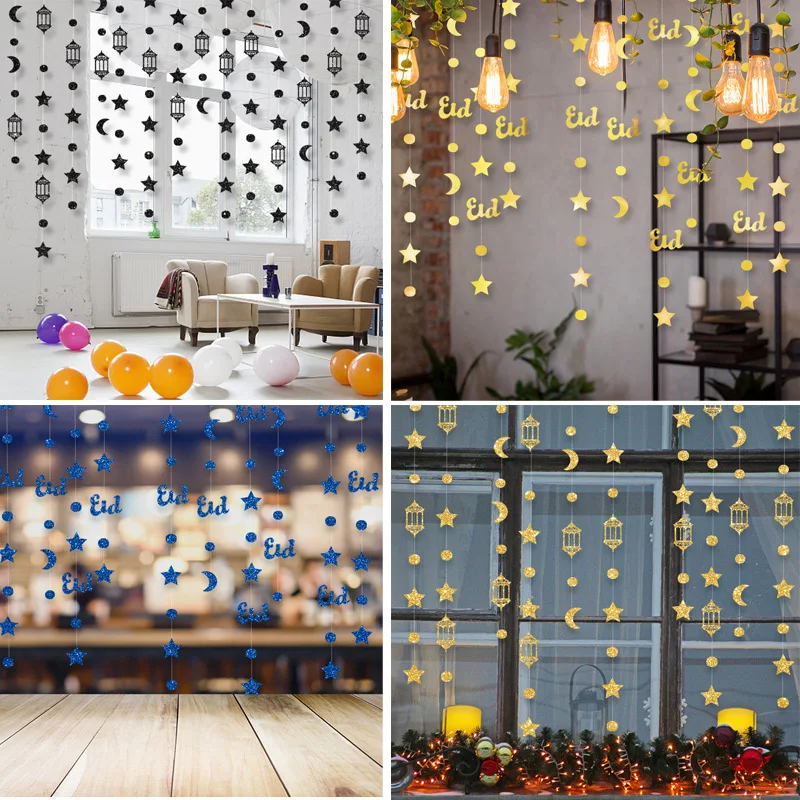 4M Eid Mubarak แบนเนอร์เครื่องประดับ Gold Silver Star Moon โคมไฟ Ramadan Kareem Hang Garland กระดาษ DIY Home Decor ดึงธง