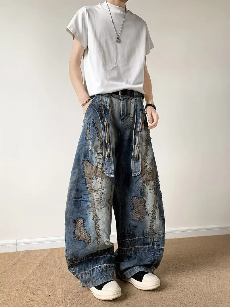 

Джинсы в американском уличном стиле с эффектом окисления и вышивкой, свободные прямые брюки с широкими штанинами для мужчин и женщин, повседневная одежда