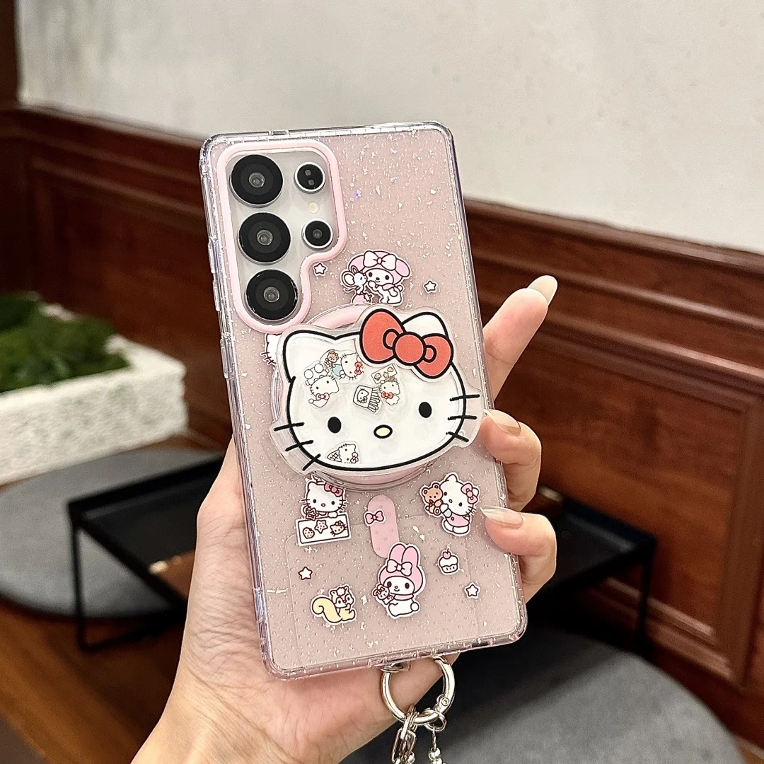 Lovely illustration Hello Kitty Magnetic holder Magsafe Wireless Charge Case For Samsung Galaxy S25 Ultra S24 Plus S23 FE Cover