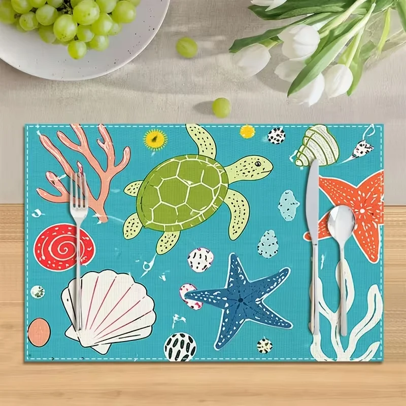 Ocean Turtle Placemat Sea Star Shell Coral Linen‑look Anti-fouling Table Mat Coastal Beach Theme Dining Pad Table Decor