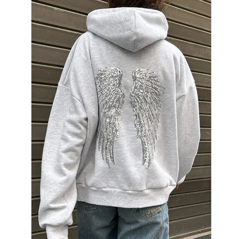 Y2K Angel Wings Sequin Hoodie Women Gray Oversized Pullover Sweatshirt Gothic Streetwear Casual Long Sleeve Trend Hooded Top