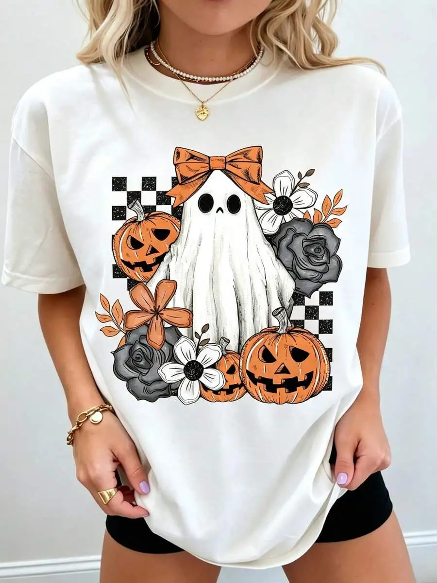 2026 New Arrival Women's Checkered Ghost Halloween Graphic T-Shirt, Star Floral Bat Pumpkin Print, Round Neck Loose Fit Soft Short Sleeve, Outfit For Halloween Party, Holiday Gift Basic Top T-Shirt