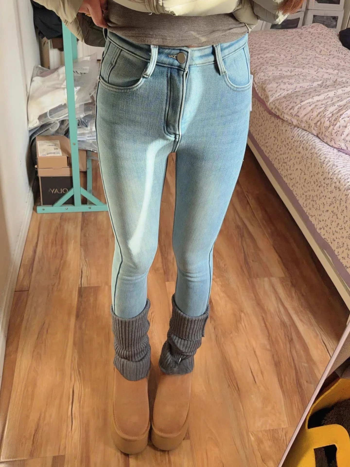 

Light Blue High Waist Slim Fit Pencil Jeans Women's Elastic Nine Point Ankle Boot Pants Casual Sle Faded Cotton Denim